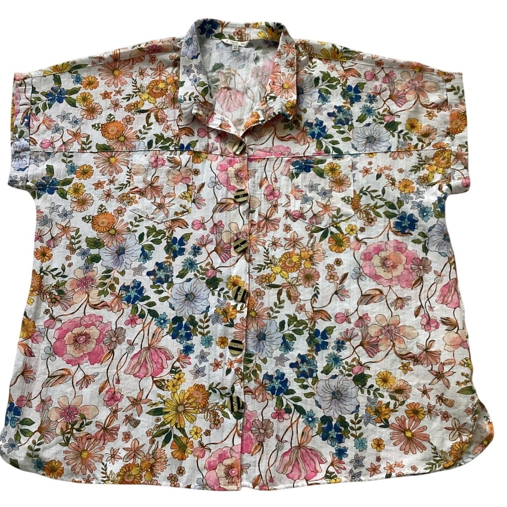 Johnny Mark Floral Button Down Shirt Womens 2X Plus Short Sleeve Multicolor